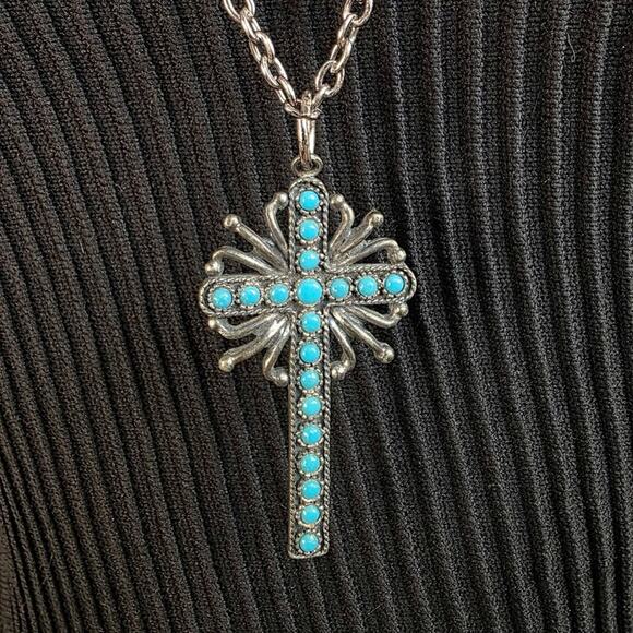 Jewelry - Faux Turquoise Cross Necklace Silver Ton Western Boho Pendant